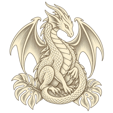 An ivory winged dragon framed by tropical leaves